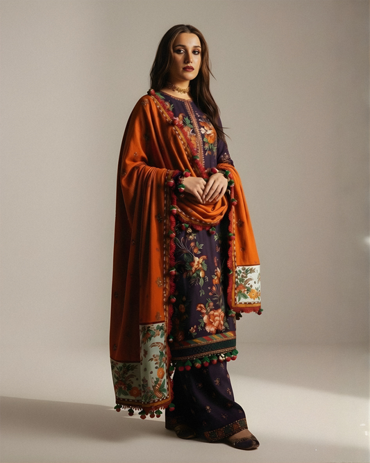 3 Piece Embroided Dhanak Shirt with Embroided Dhanak Shawl AJ 680 - Unstitched