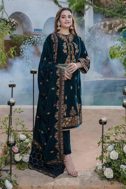 AZURE VELVET 3PC EMBROIDERED WITH VELVET EMBROIDERED DUPATTA-V265 - Unstitched