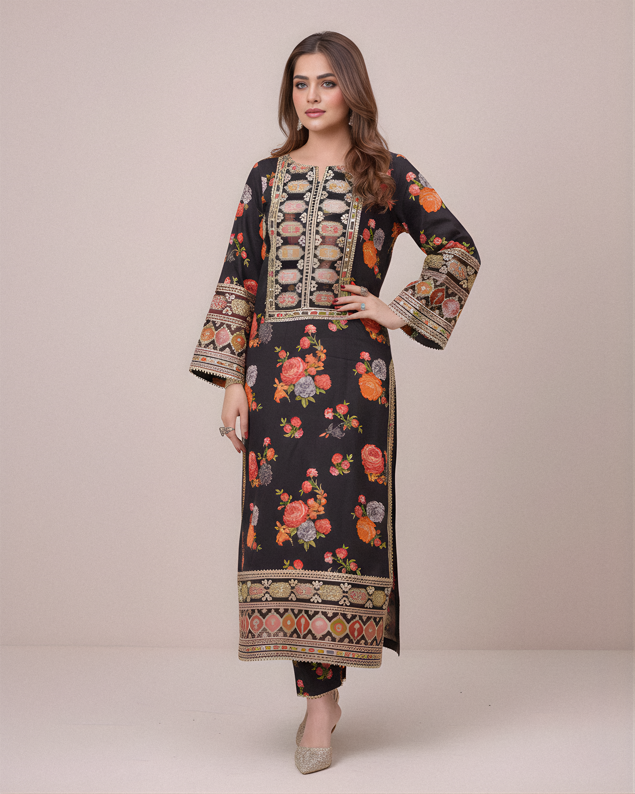 Aneelas Luxury Silk 3 Piece Unstitched Black V263