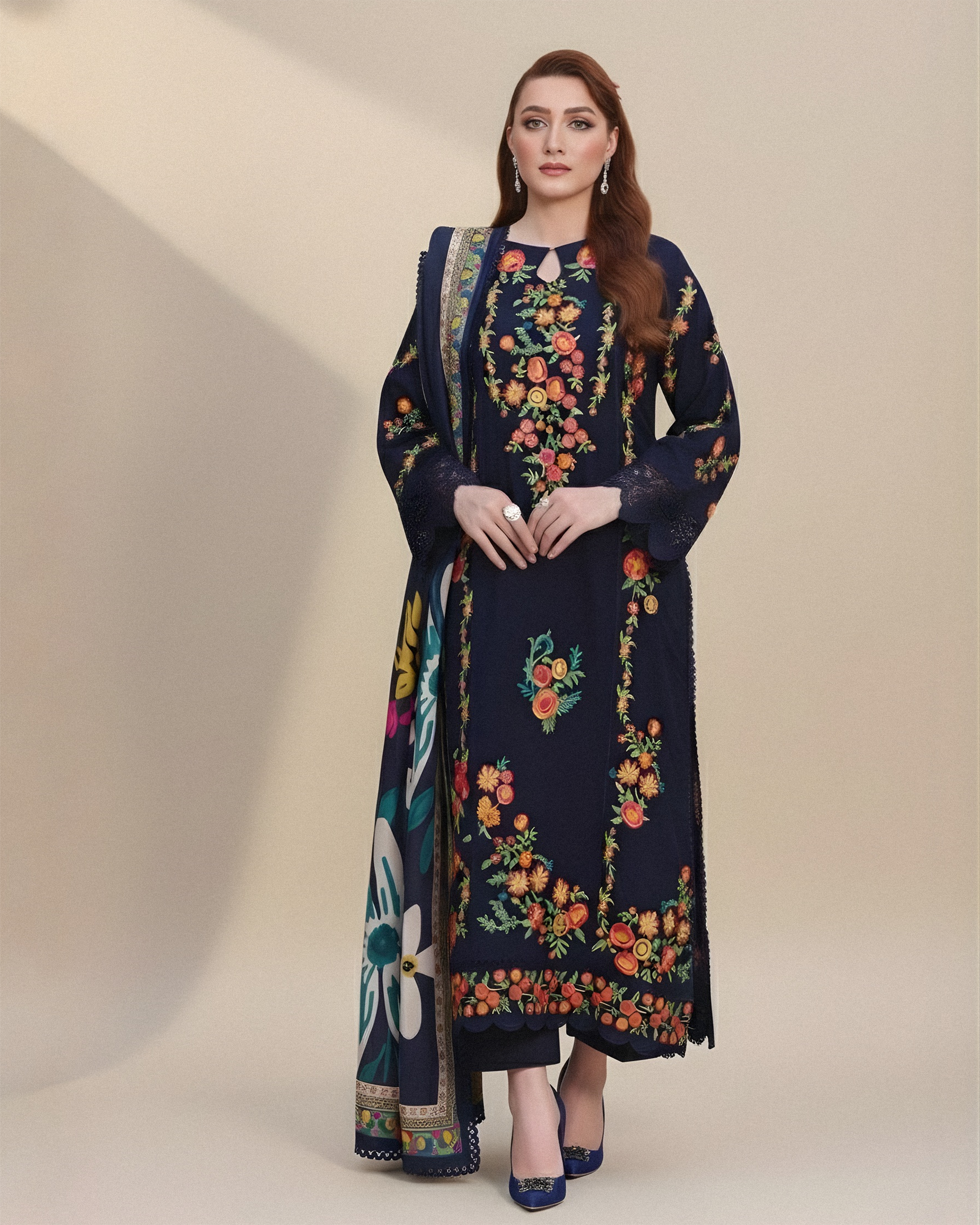 ASIM JOFA-3PC DHANAK EMBROIDERED SHIRT WITH COURTRAI PRINTED SHAWL & TROUSER V676 - Unstitched