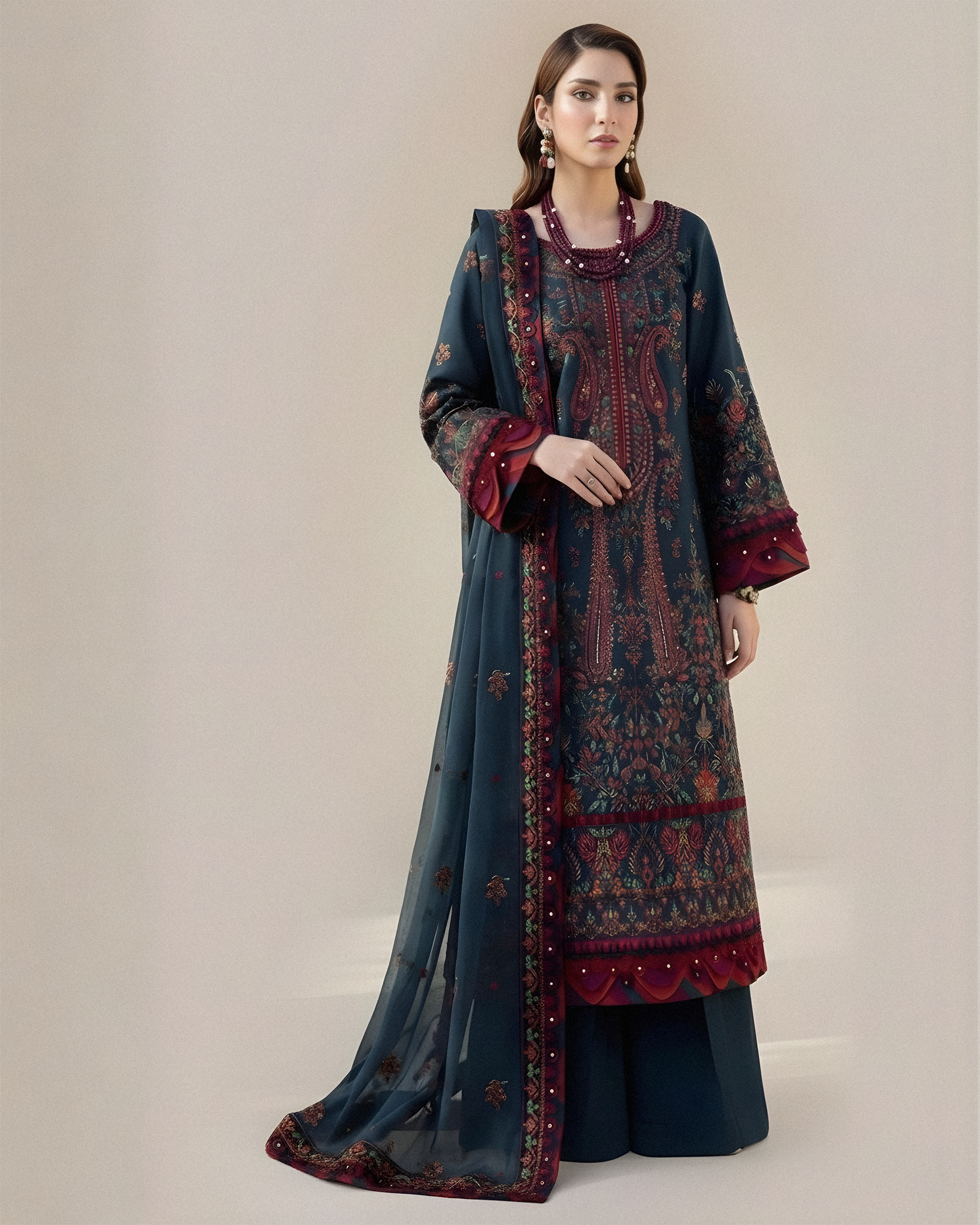 ASIM JOFA-3PC DHANAK EMBROIDERED SHIRT WITH DHANAK EMBROIDERED SHAWL AND TROUSER V677 - Unstitched