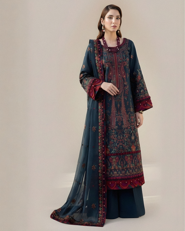 ASIM JOFA-3PC DHANAK EMBROIDERED SHIRT WITH DHANAK EMBROIDERED SHAWL AND TROUSER V677 - Unstitched
