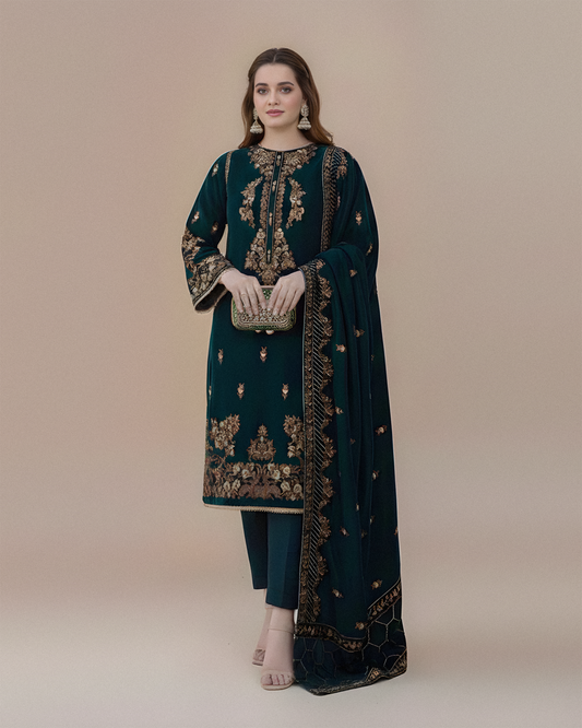 AZURE VELVET 3PC EMBROIDERED WITH VELVET EMBROIDERED DUPATTA-V265 - Unstitched