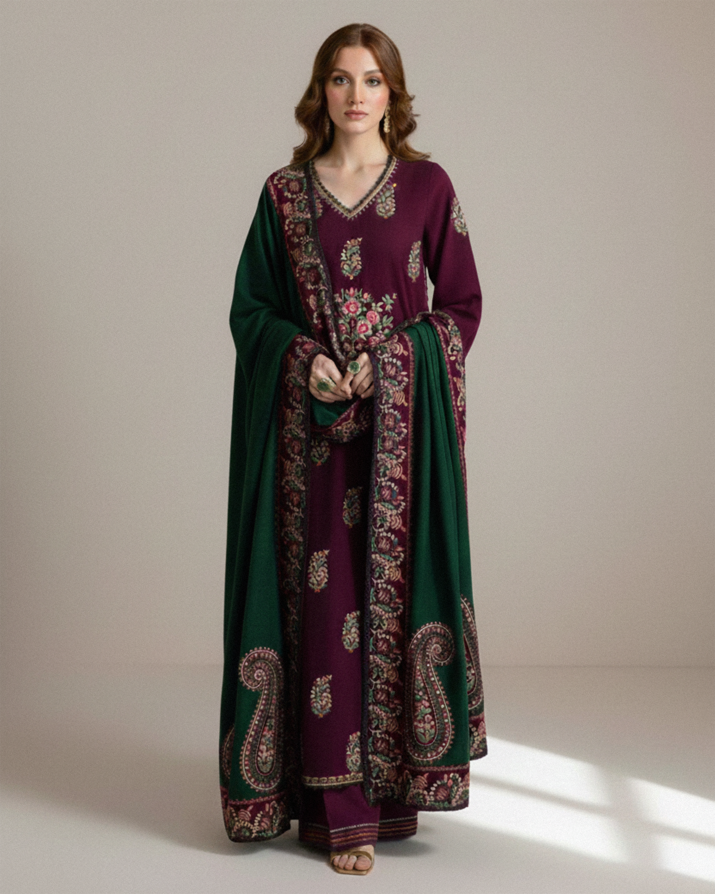 BATIK-3PC DHANAK EMBROIDERED SHIRT WITH DHANAK EMBROIDERED SHAWL AND TROUSER V678 - Unstitched