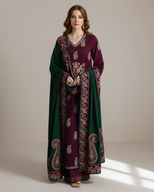 BATIK-3PC DHANAK EMBROIDERED SHIRT WITH DHANAK EMBROIDERED SHAWL AND TROUSER V678 - Unstitched