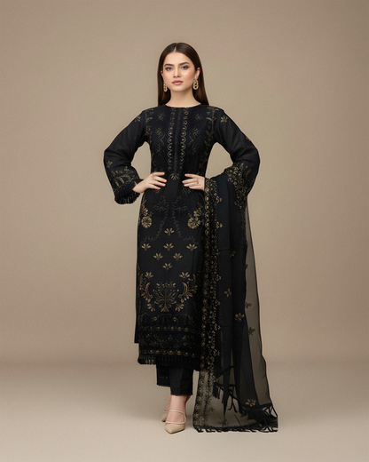 Black Linen 3PC Embroidered V102 - Unstitched