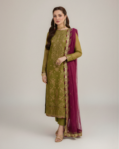 Dhanak 3PC Embroidered With Chiffon Embroidered Dupatta-V243 - Unstitched