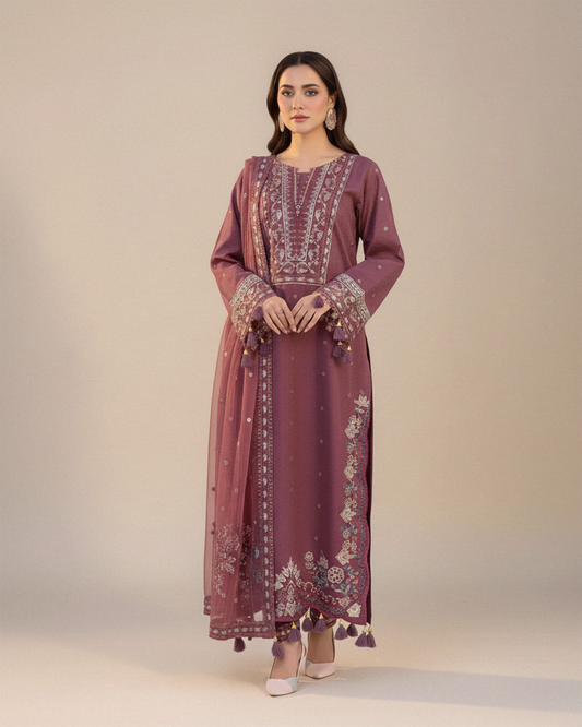 Dhanak-3PC Embroidered Shirt with Chiffon Embroidered Dupatta V1321 W - Unstitched
