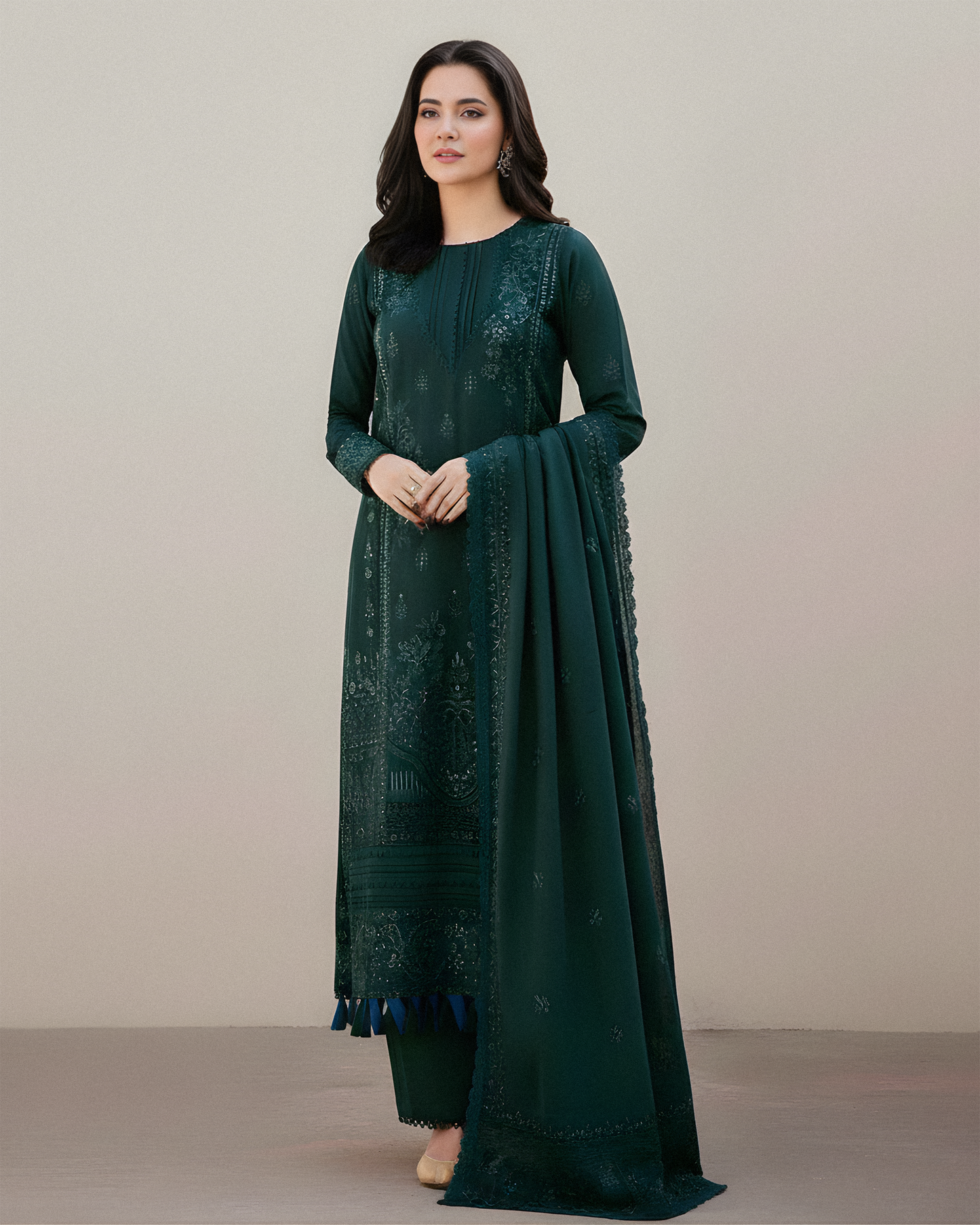 Dhanak-3PC Embroidered Shirt with Dhanak Sequins Embroidered Dupatta V250 - Unstitched