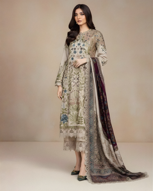 Dhanak-3PC Embroidered Shirt with Digital Printed Wool Shawl V669 - Unstitched