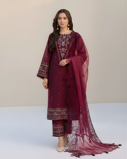 Dhanak-3PC Embroidered Shirt with Organza Embroidered Dupatta V1351W - Unstitched