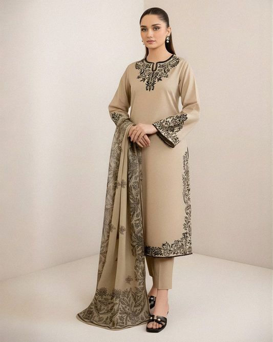 GARNET- 3PC DHANAK EMBROIDERED UNSTITCHED DRESS V221