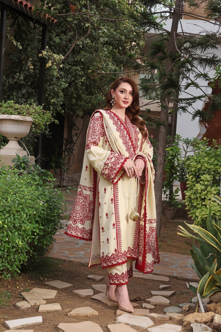 ANEELAS-3PC DHANAK EMBROIDERED SHIRT WITH DHANAK EMBROIDERED SHAWL & TROUSER V672 - Unstitched