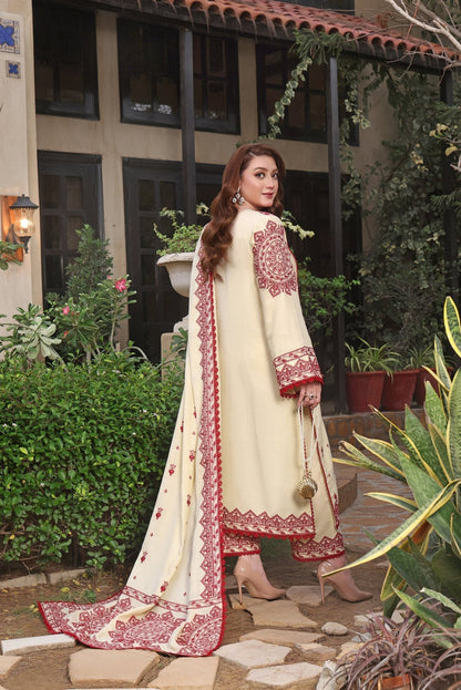 ANEELAS-3PC DHANAK EMBROIDERED SHIRT WITH DHANAK EMBROIDERED SHAWL & TROUSER V672 - Unstitched