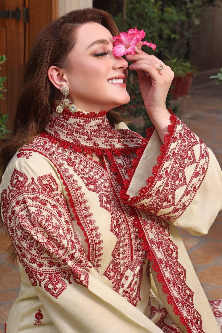 ANEELAS-3PC DHANAK EMBROIDERED SHIRT WITH DHANAK EMBROIDERED SHAWL & TROUSER V672 - Unstitched