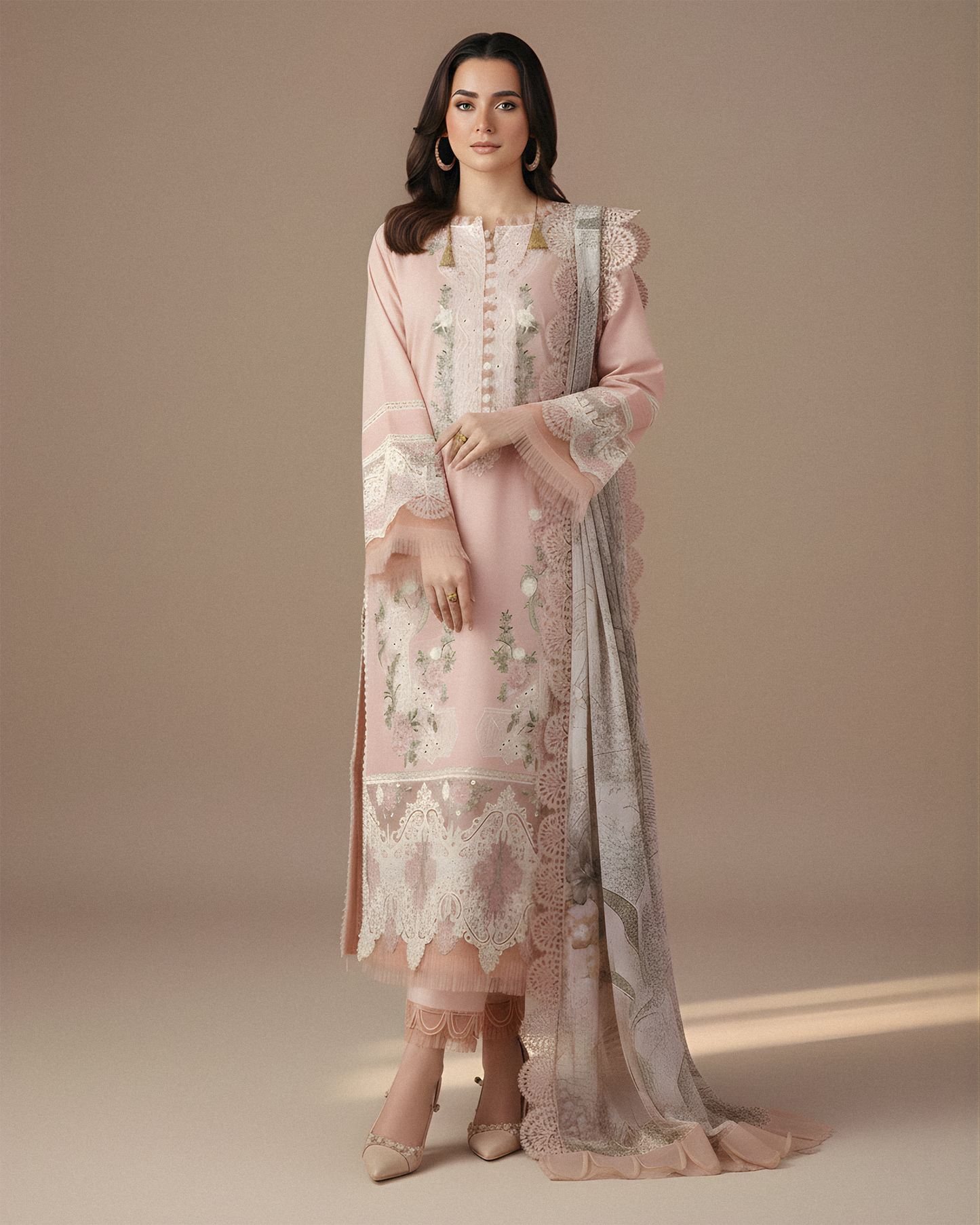 JADE-3PC DHANAK EMBROIDERED SHIRT WITH COUTRAI PRINTED SHAWL AND TROUSER V501W - Unstitched