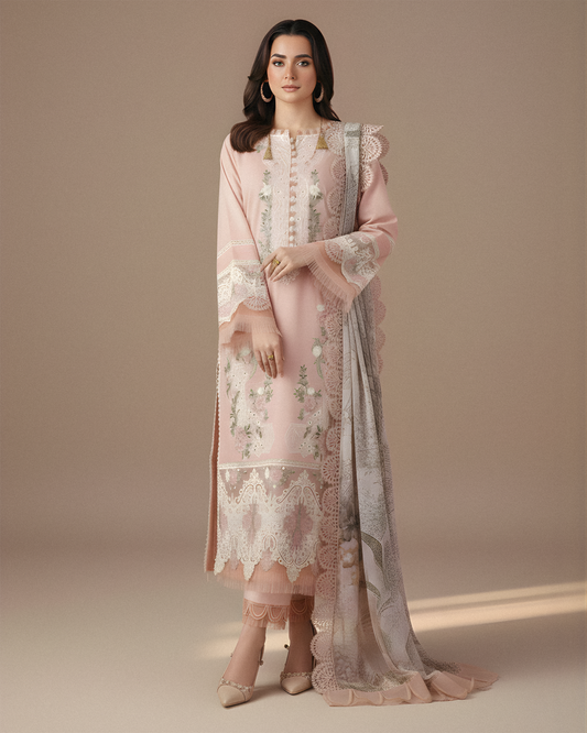 JADE-3PC DHANAK EMBROIDERED SHIRT WITH COUTRAI PRINTED SHAWL AND TROUSER V501W - Unstitched