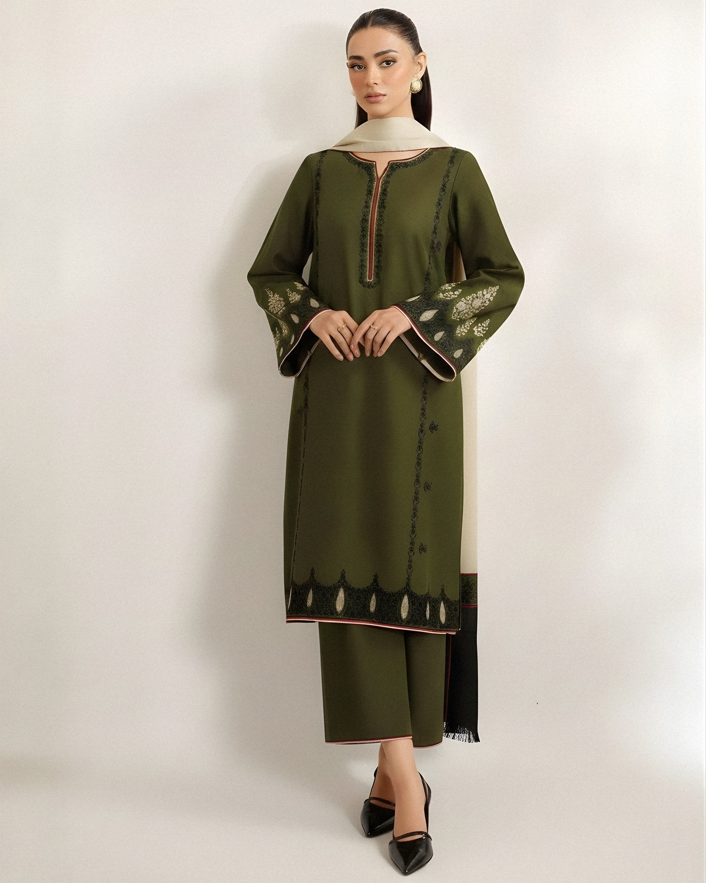 Jazmin Jacquard Embroidered 3PC with Wool Shawl - Unstitched