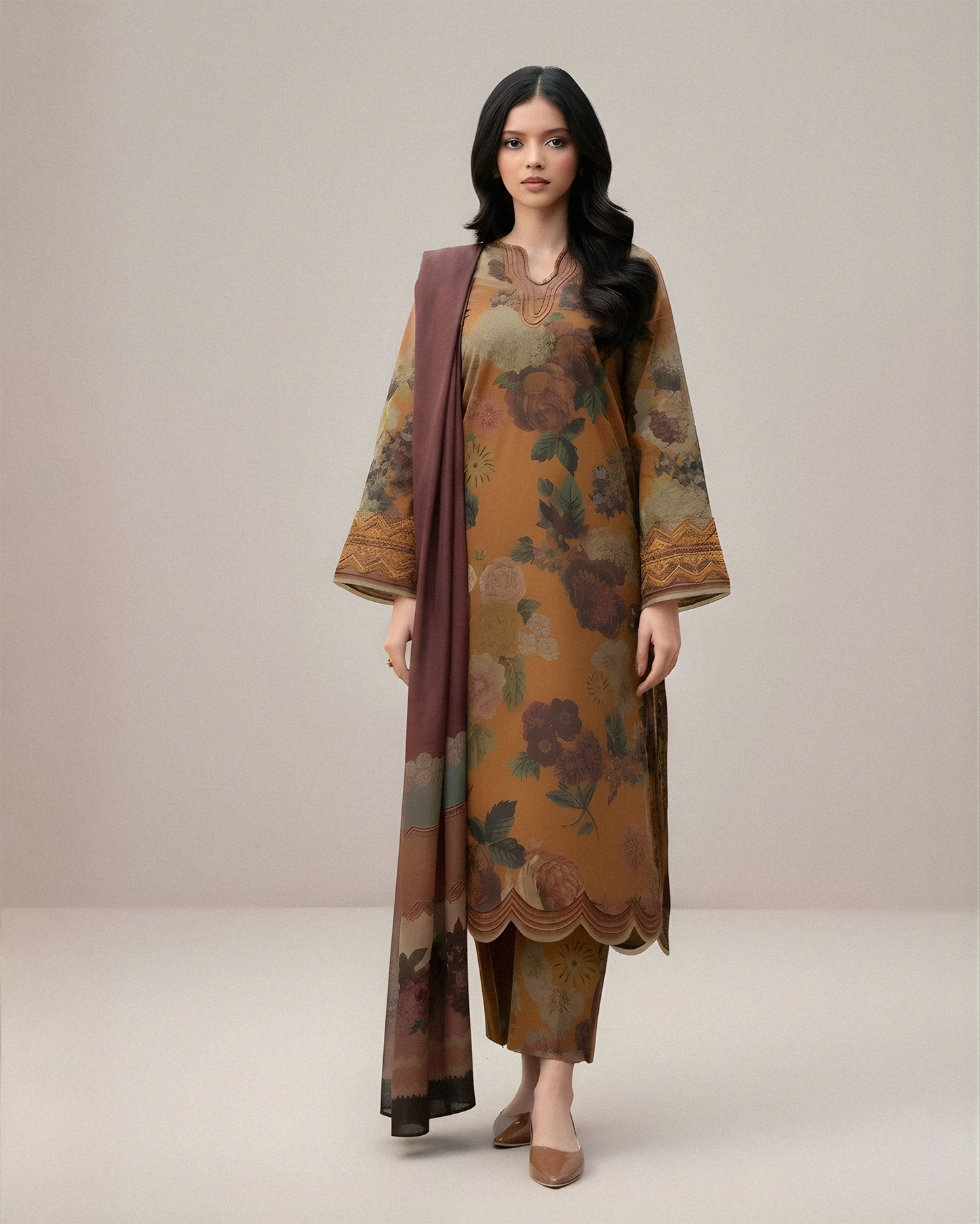 KARANDI 3PC PRINTED SHIRT WITH KARANDI PRINTED DUAPTTA AND TROUSER V253 - Unstitched