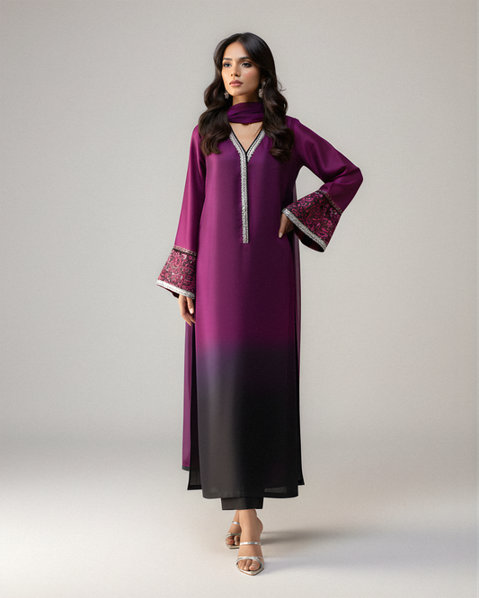 Zainab Chottani - 3 Piece Unstitched Embroidered and Printed SIlk Suit V226