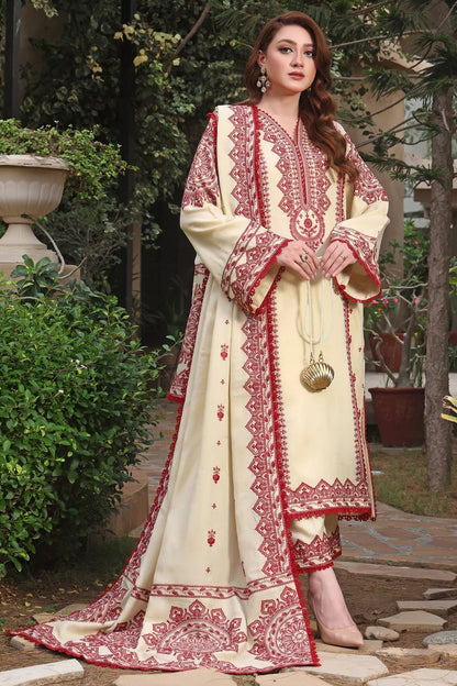 ANEELAS-3PC DHANAK EMBROIDERED SHIRT WITH DHANAK EMBROIDERED SHAWL & TROUSER V672 - Unstitched