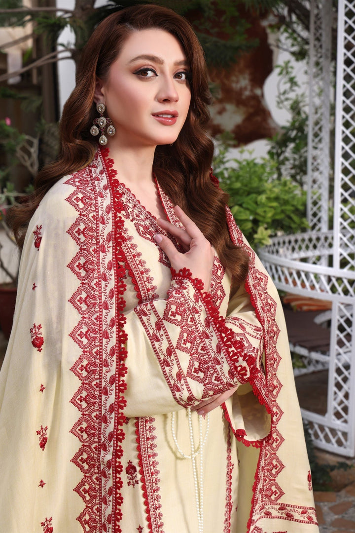 ANEELAS-3PC DHANAK EMBROIDERED SHIRT WITH DHANAK EMBROIDERED SHAWL & TROUSER V672 - Unstitched