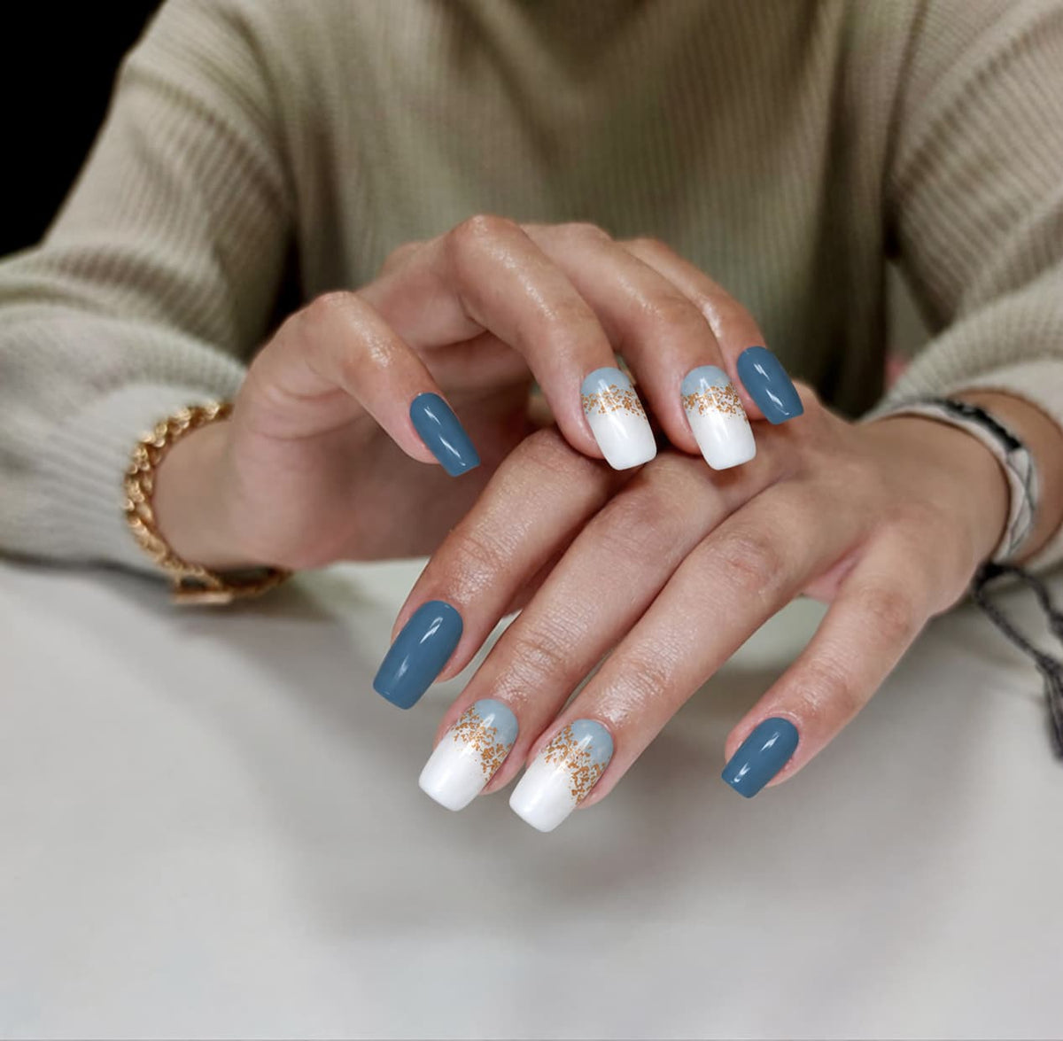 Dusty Blue Gold Foil Squoval Press-on Nails