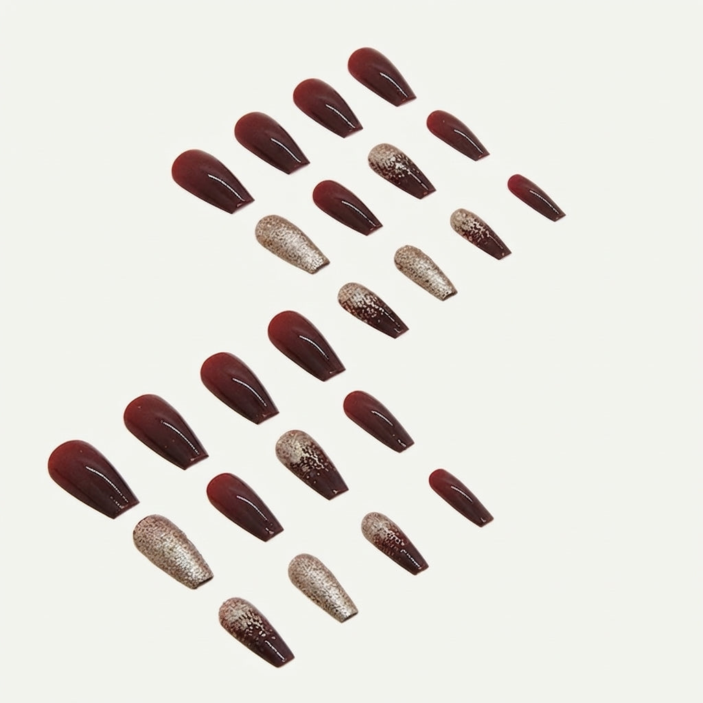 Glittery Gold & Maroon Square Press-on Nails