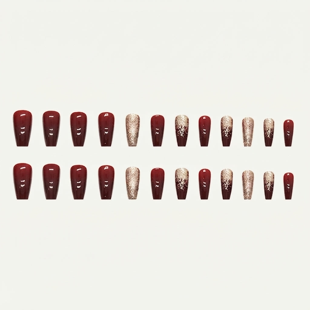 Glittery Gold & Maroon Square Press-on Nails