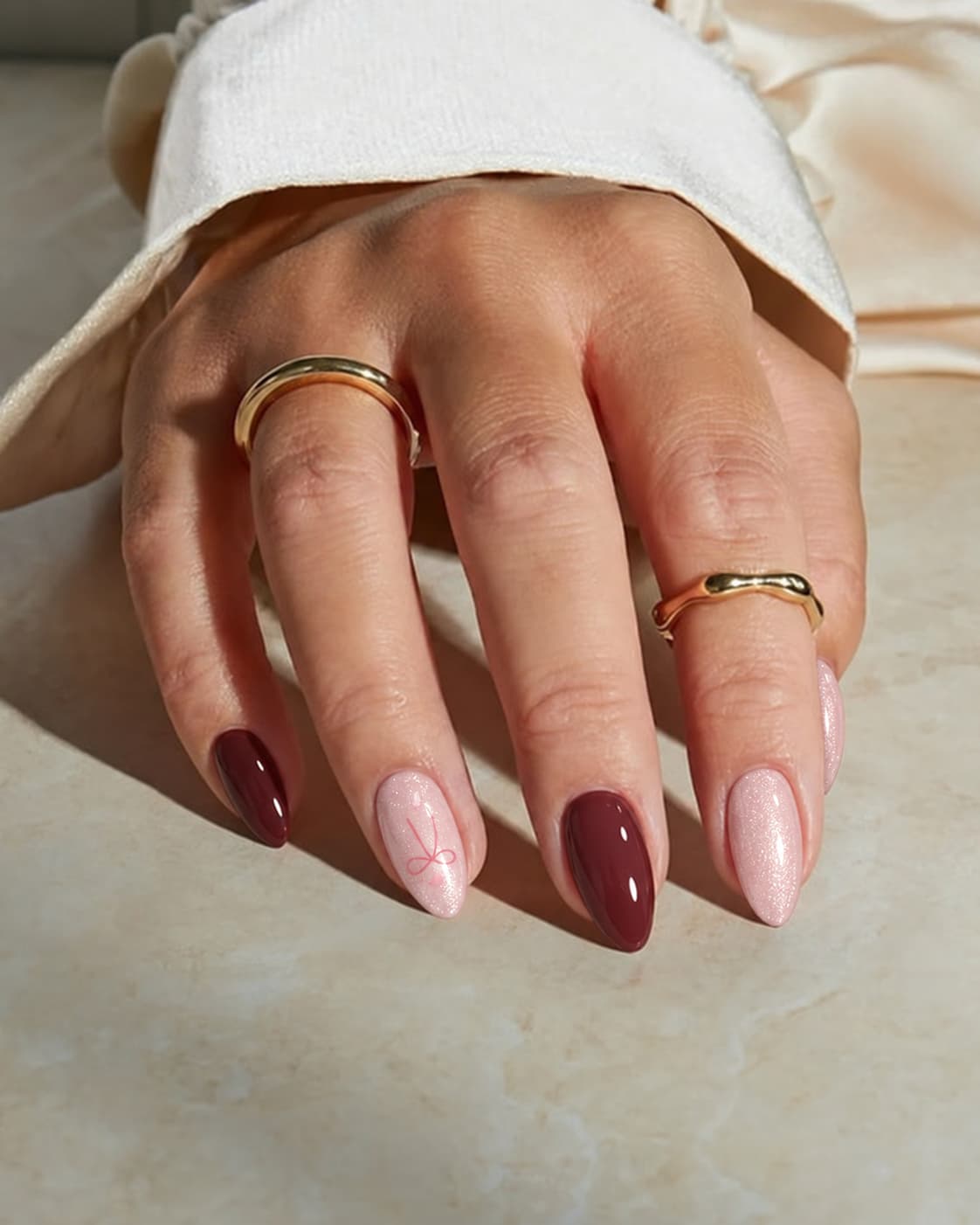 Jelly Bow Pink & Maroon Almond Press-on Nails