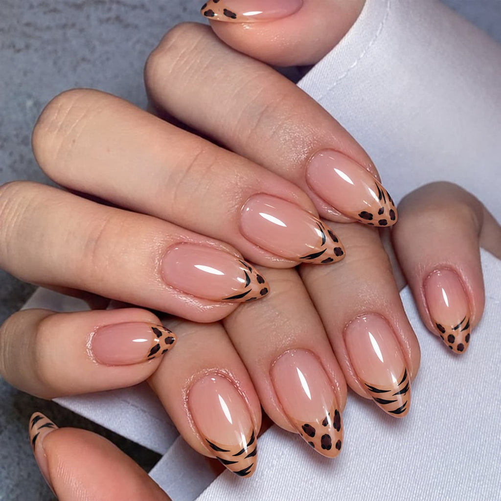 Leopard Tip Peachy Pink Almond Press-on Nails