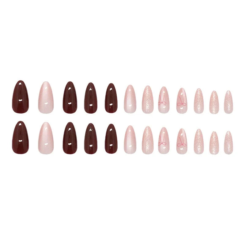 Jelly Bow Pink & Maroon Almond Press-on Nails