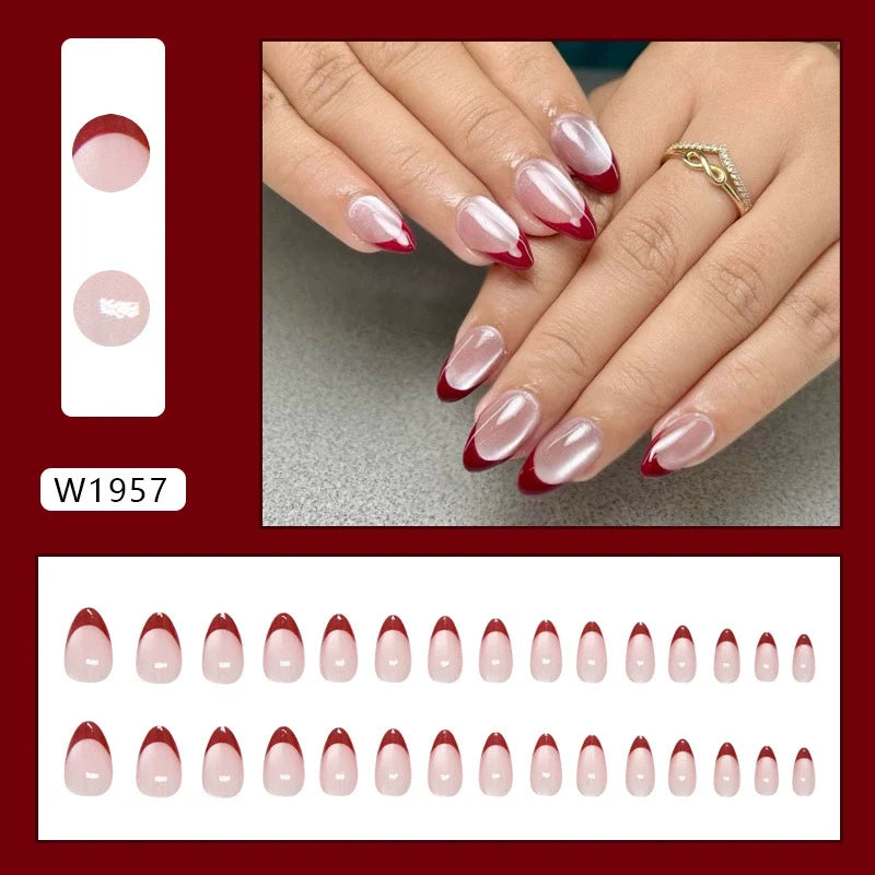 Retro Red French Almond Press-on Nails