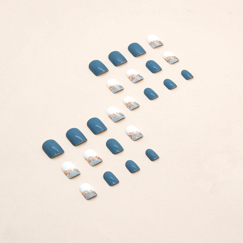 Dusty Blue Gold Foil Squoval Press-on Nails