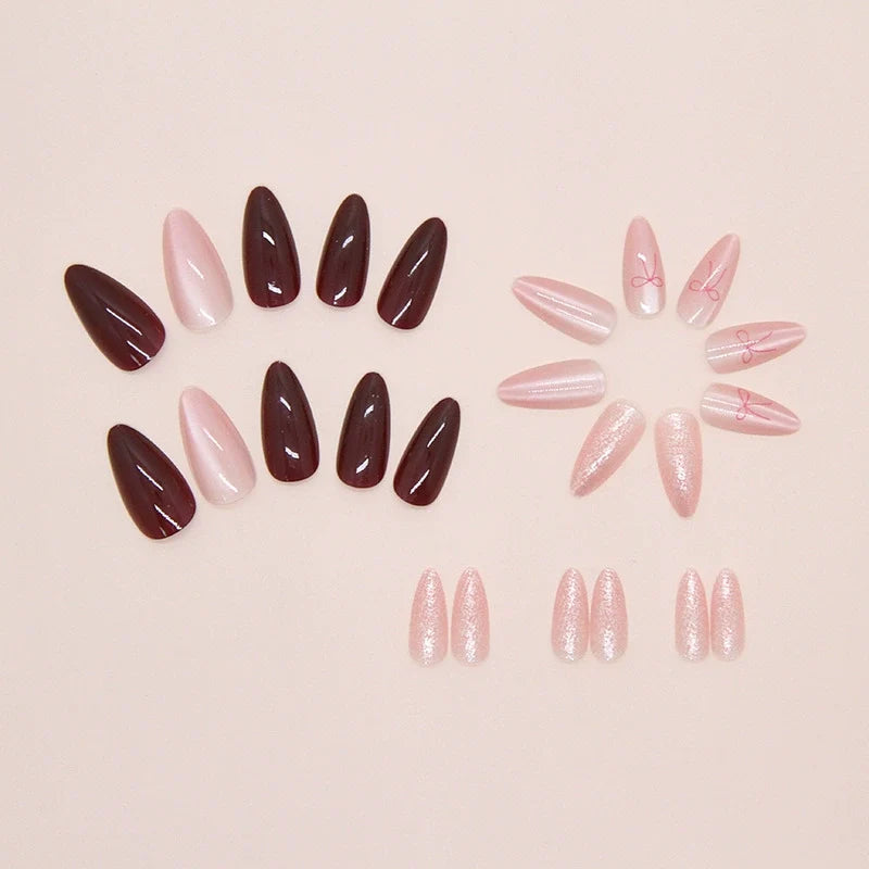 Jelly Bow Pink & Maroon Almond Press-on Nails