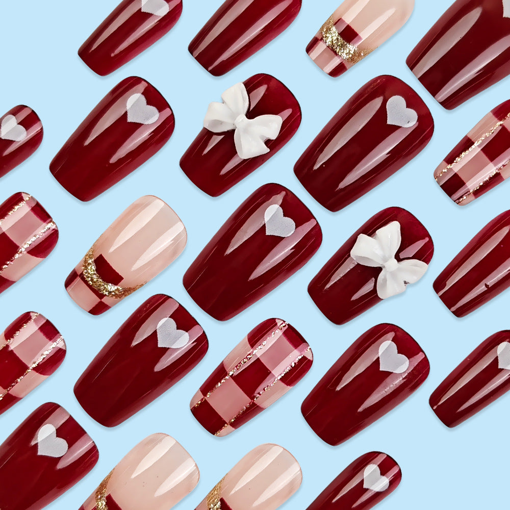 Fancy Bow Red Coffin Press-on Nails