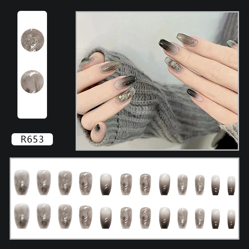 Silver Foil Black Grey Ombre Coffin Press-on Nails