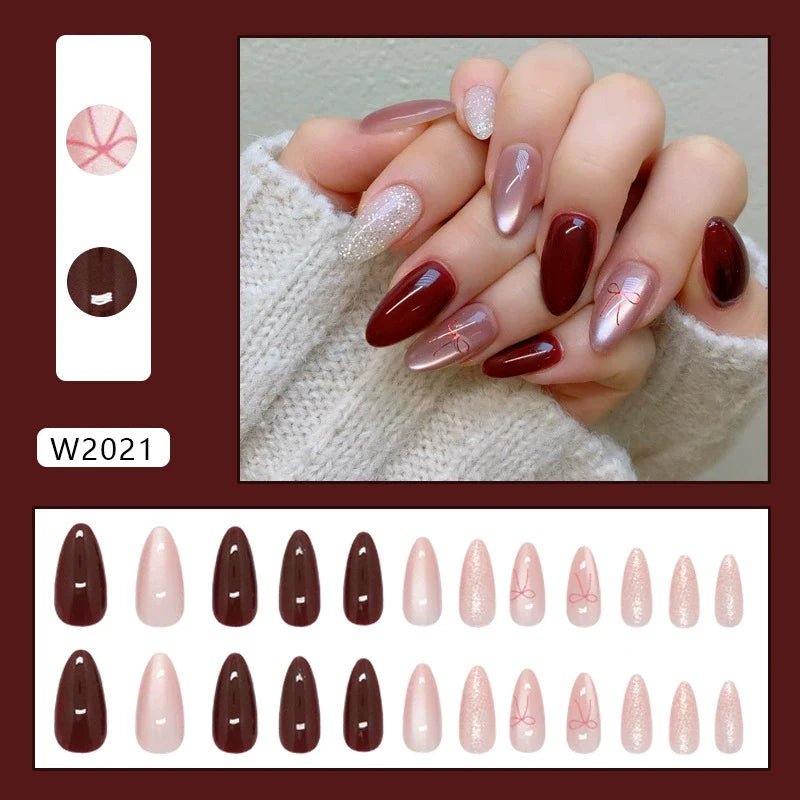 Jelly Bow Pink & Maroon Almond Press-on Nails