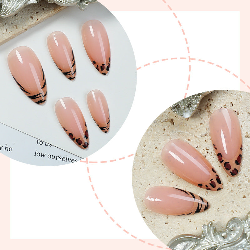 Leopard Tip Peachy Pink Almond Press-on Nails