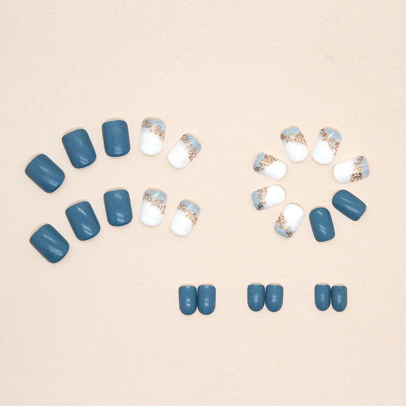 Dusty Blue Gold Foil Squoval Press-on Nails