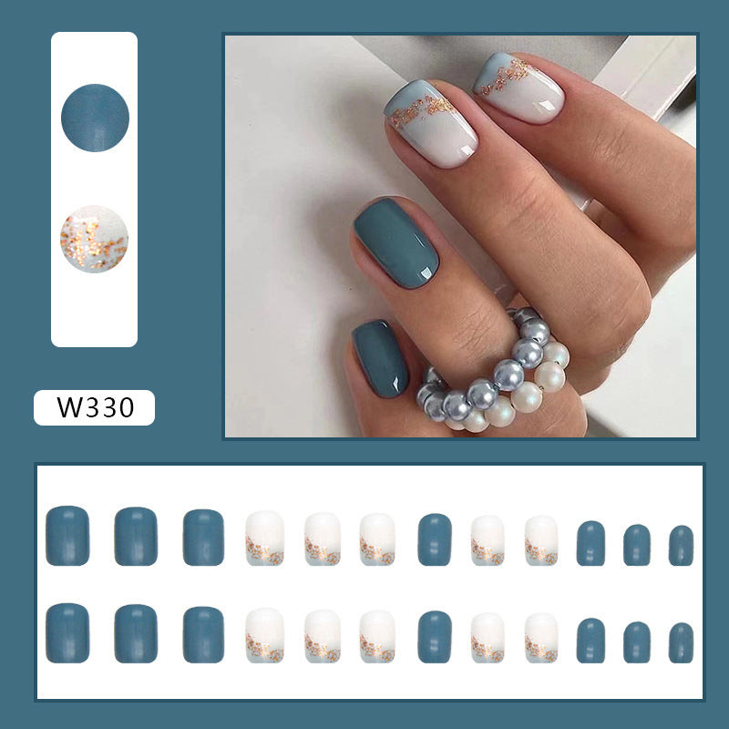 Dusty Blue Gold Foil Squoval Press-on Nails