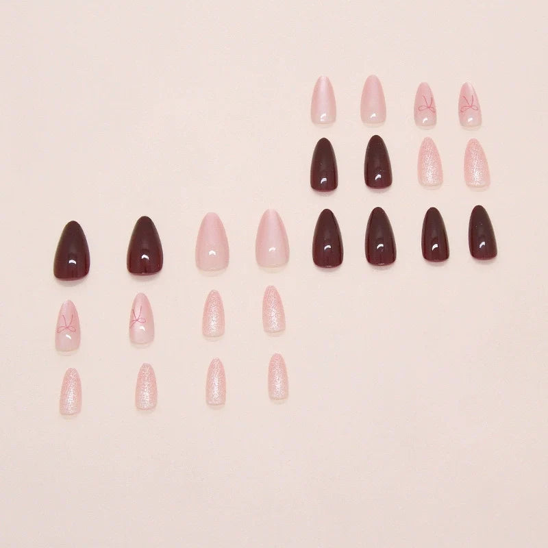 Jelly Bow Pink & Maroon Almond Press-on Nails