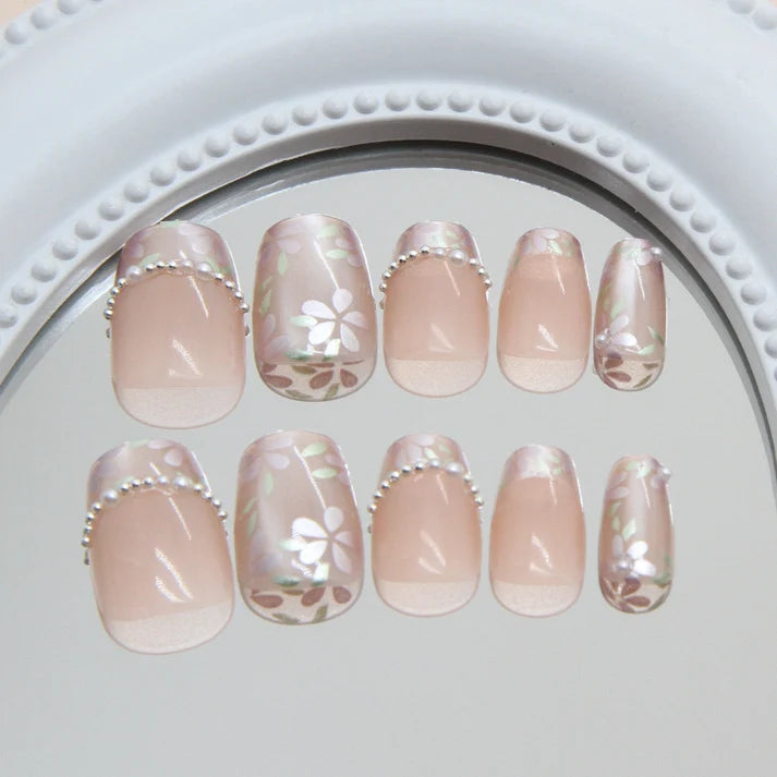 Pearly Flower Square Press-on Nails