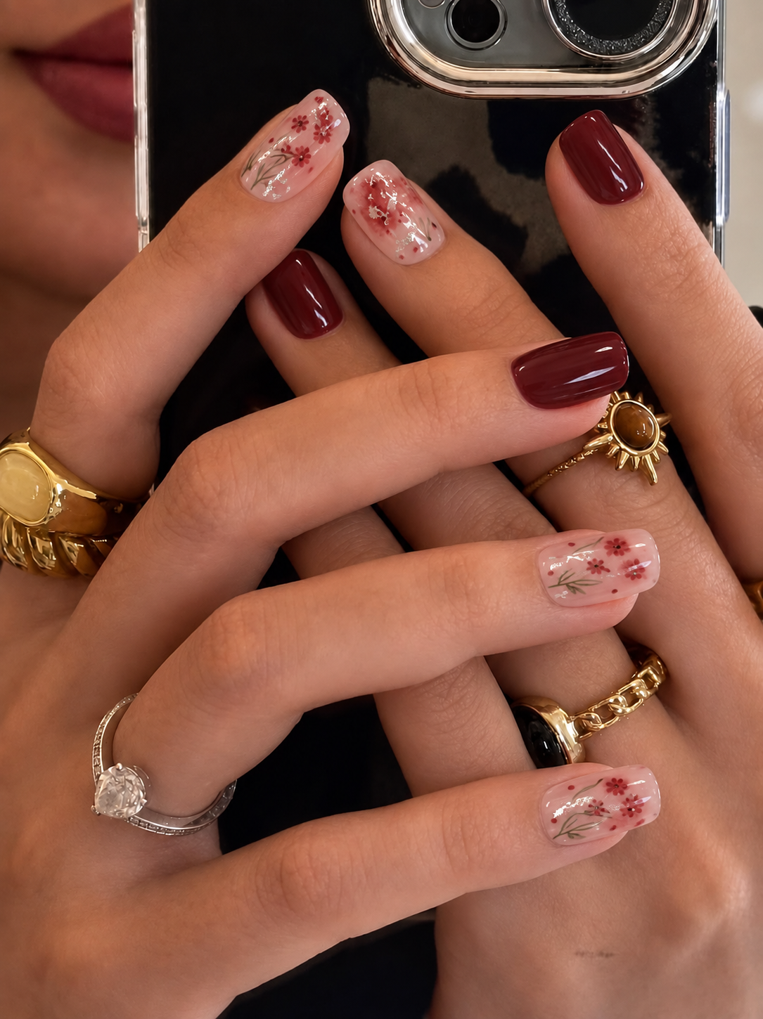 Shiny Maroon Flowers Press-on Nails