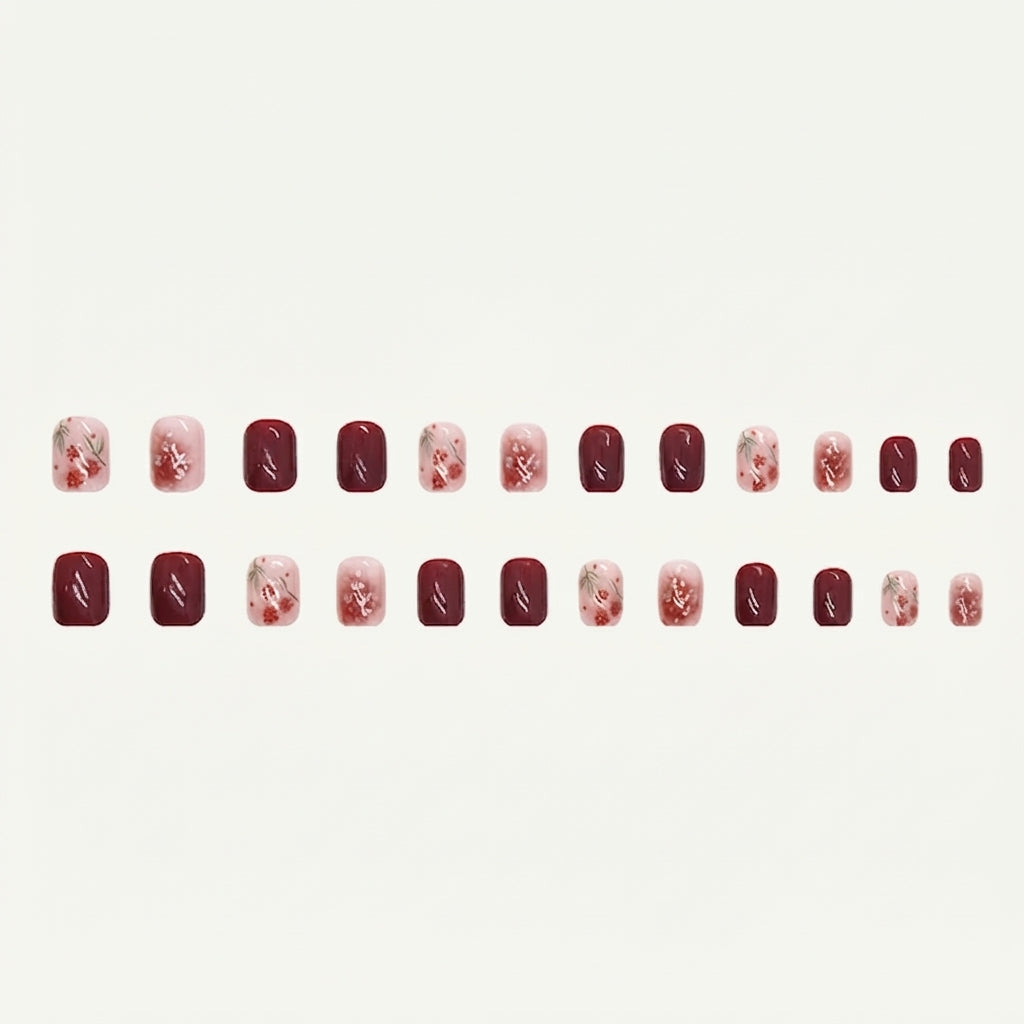 Shiny Maroon Flowers Press-on Nails