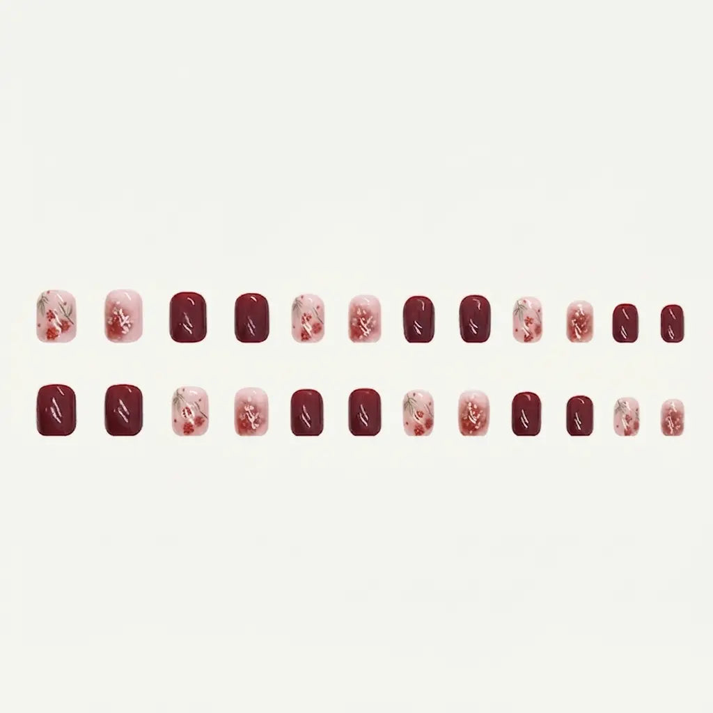 Shiny Maroon Flowers Press-on Nails