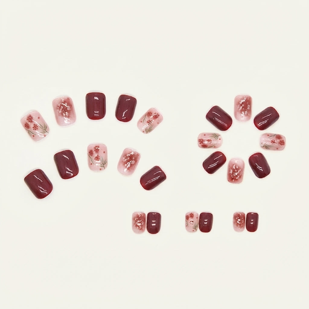 Shiny Maroon Flowers Press-on Nails