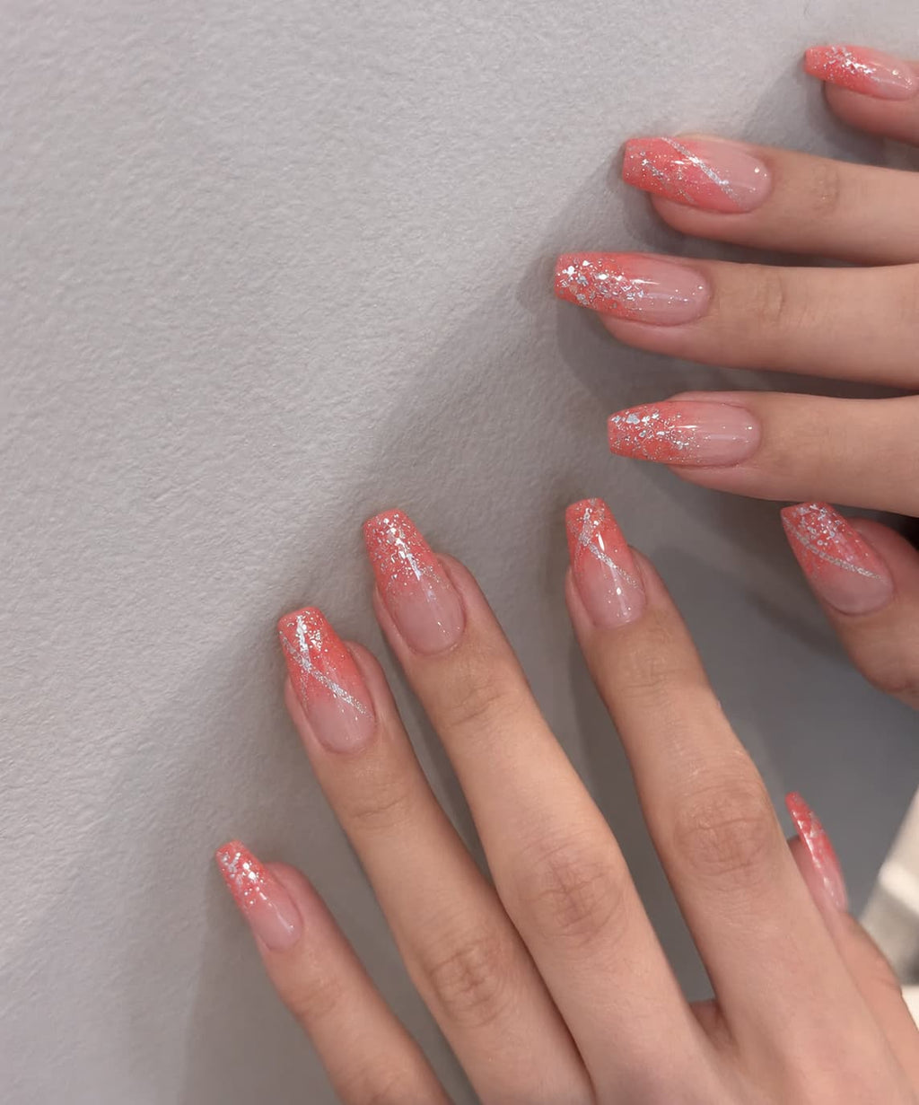 Silver Foil Pink Blush Coffin Press-on Nails