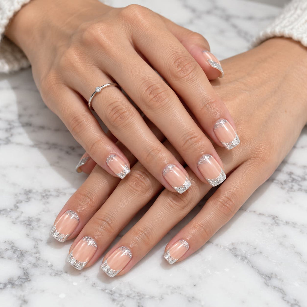 Silver Glitter French Square Press-on Nails