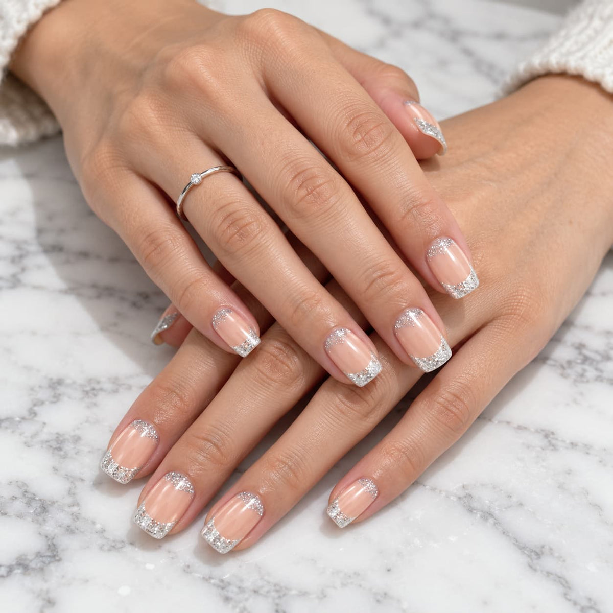 Silver Glitter French Square Press-on Nails